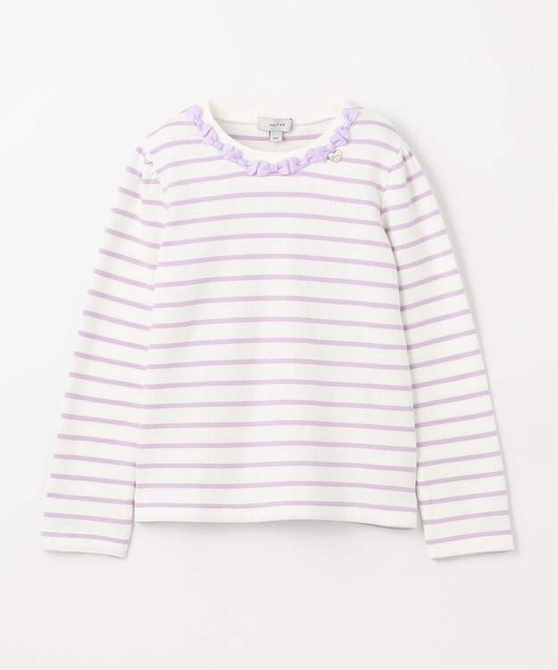 ANY KIDS リボン×ボーダー長袖Tシャツ ラベンダー×エクリュ