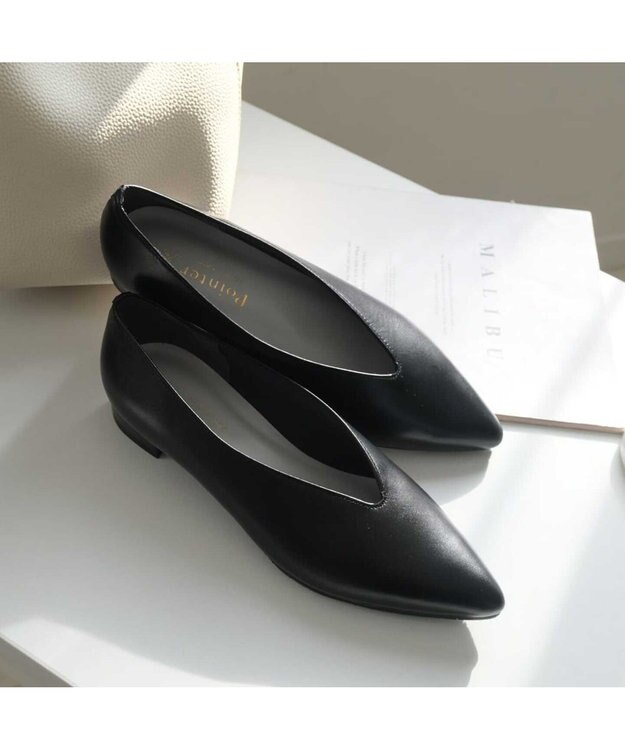 Pointer 日本製 本革 生活防水機能付きVカットパンプス ブラック