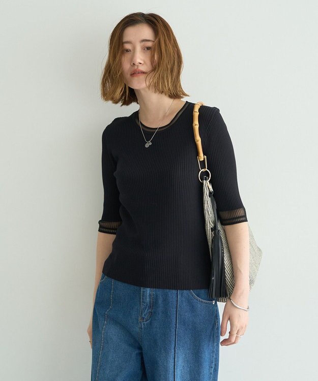 YECCA VECCA シアーMIX5分袖ニット Off White