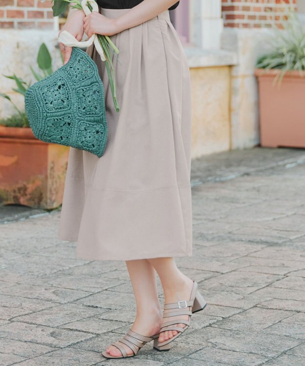 Tiaclasse 【新色追加・選べる丈】麻調タックフレアスカート 膝丈グレージュ