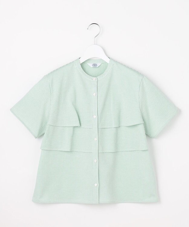 J.PRESS LADIES 【一枚で着映え】サッカージャージー バンドカラー カットソー ライトミントストライプ系1