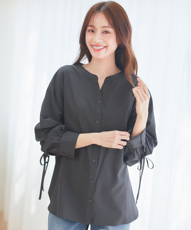 Tiaclasse 【洗える】ドロストギャザー袖シャツチュニック チャコールグレー