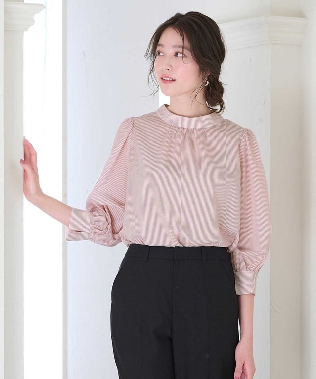 ANY SIS S 【洗える】フェイクパールストライプ ブラウス ピンクストライプ