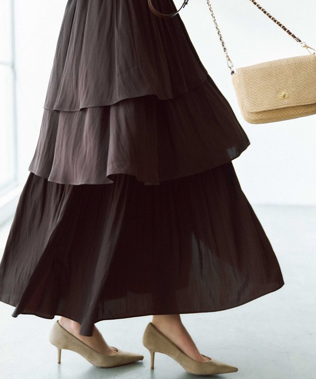 組曲 【入江未悠さんコラボ】ギャザーライトデシンティアード スカート チョコレートブラウン系