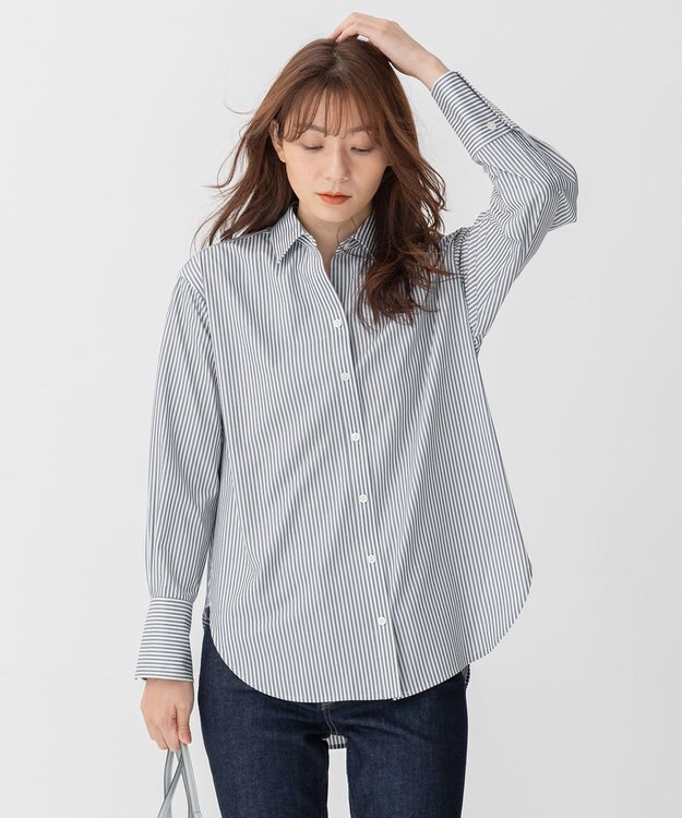 自由区 【洗える】ストレッチシャーティング ベーシック シャツ ブルー系1