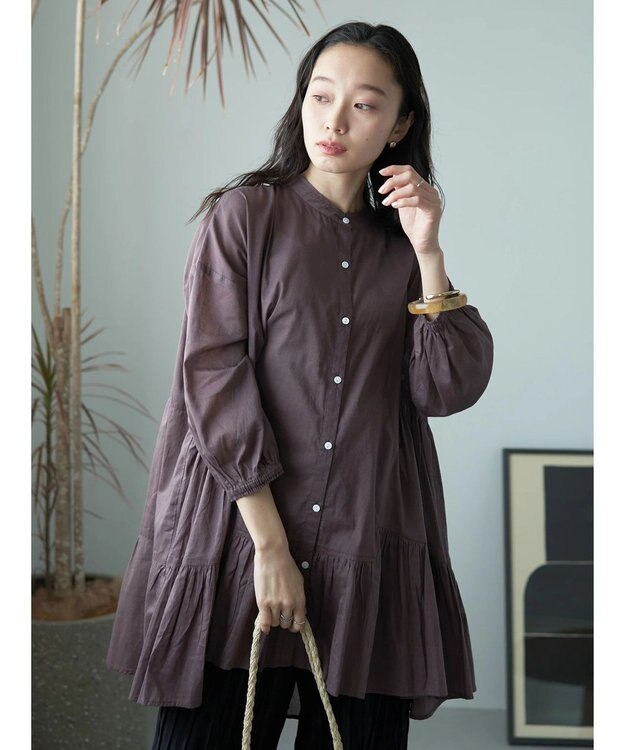 earth music&ecology コットンボイル切替ティアードチュニック Brown