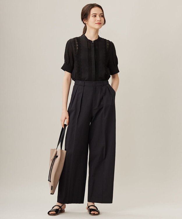 自由区 【洗える】キュプラコットンツイル半袖シャツ ブラウス ブラック