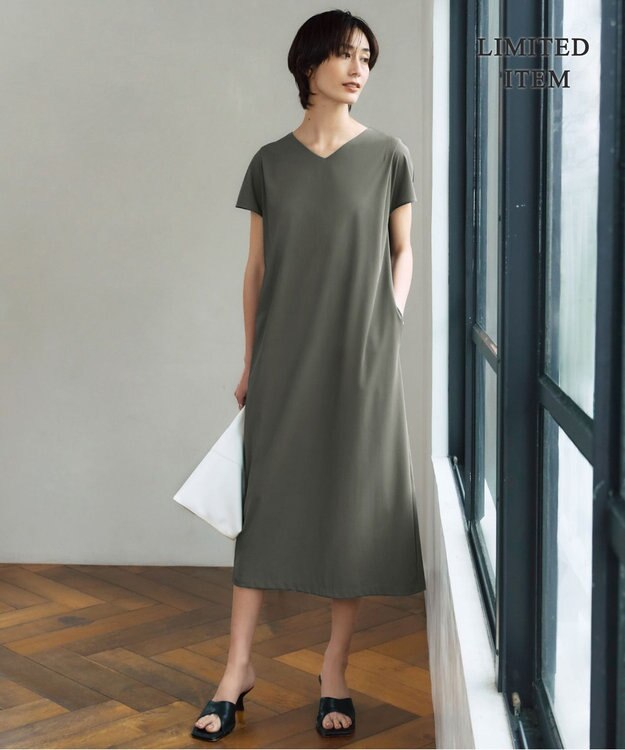 ICB L 【WEB限定・洗える】 アトラストリコット ストレートワンピース カーキ系