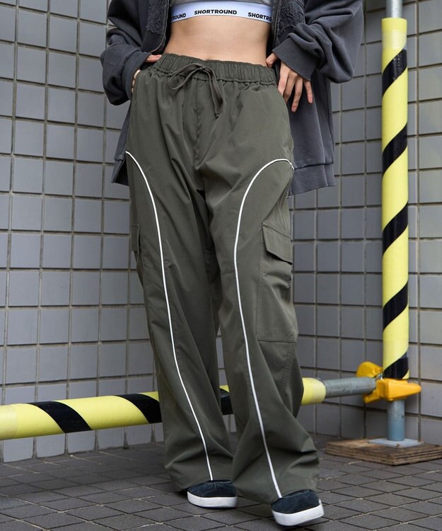 WEGO 【ユニセックス着用ITEM/ウエストゴム】イージーパイピングカーゴパンツ カーキ
