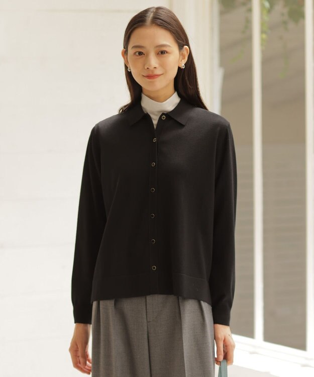 J.PRESS LADIES L 【洗える】WORSTED WOOL BLEND ポロ襟付き カーディガン ブラック系