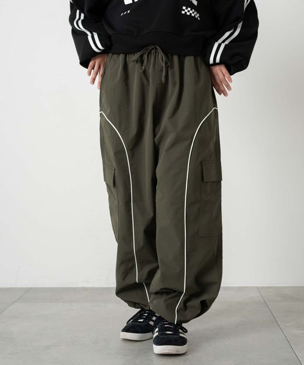 WEGO 【ユニセックス着用ITEM/ウエストゴム】イージーパイピングカーゴパンツ カーキ