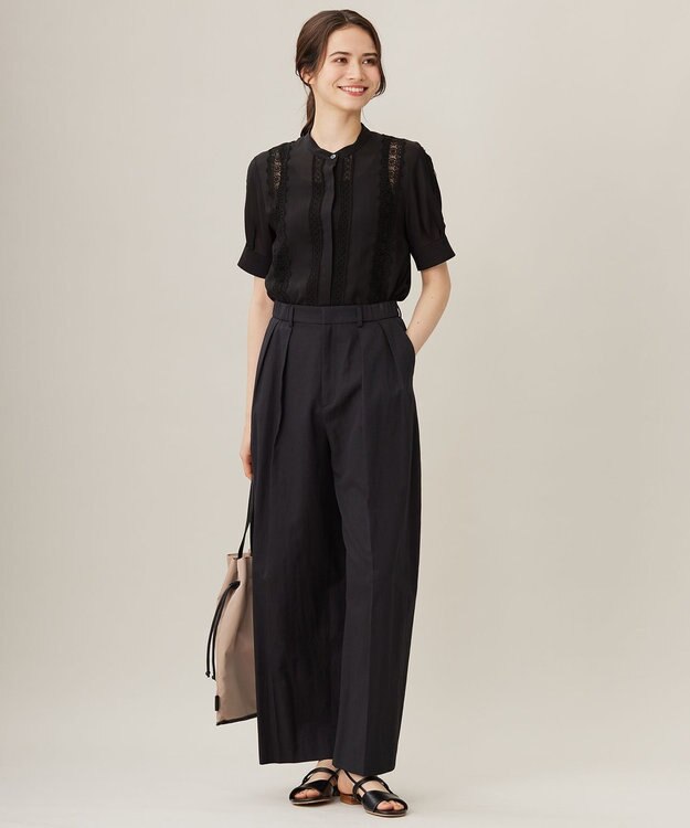 自由区 【洗える】キュプラコットンツイル半袖シャツ ブラウス ブラック