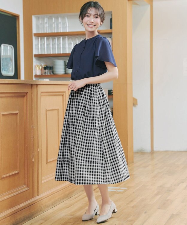 Tiaclasse 【新色追加・選べる丈】麻調タックフレアスカート ミモレ丈ブラックチェック