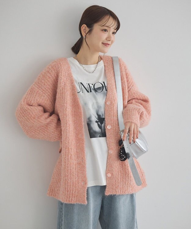 earth music&ecology 【ベルト付き】ＭＩＸカラーブークレカーディガン Pink Orange