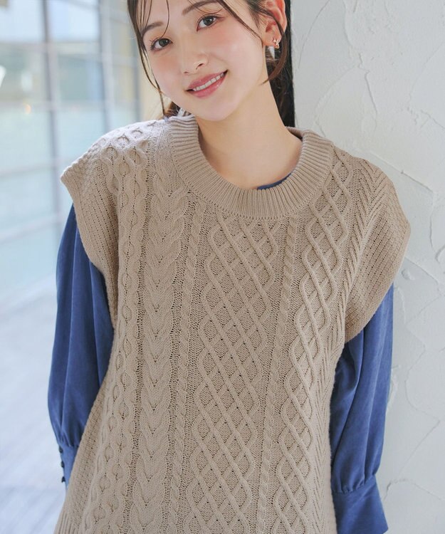 Tiaclasse 【2点セット・洗える】ニットベスト＋起毛シャツ ベージュ