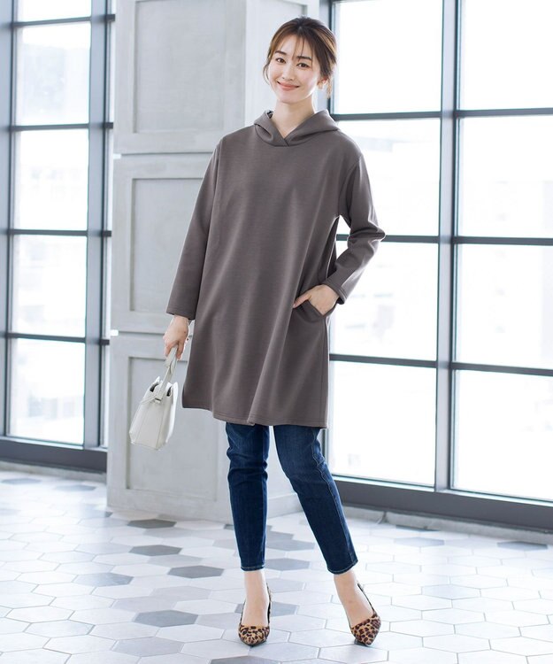 Tiaclasse 【洗える】ソフトボンディングパーカーチュニック モカ