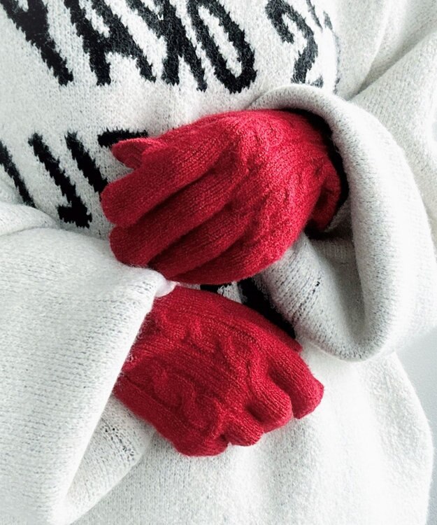 WEGO 【スマホ対応】ケーブル編みニットグローブ レッド