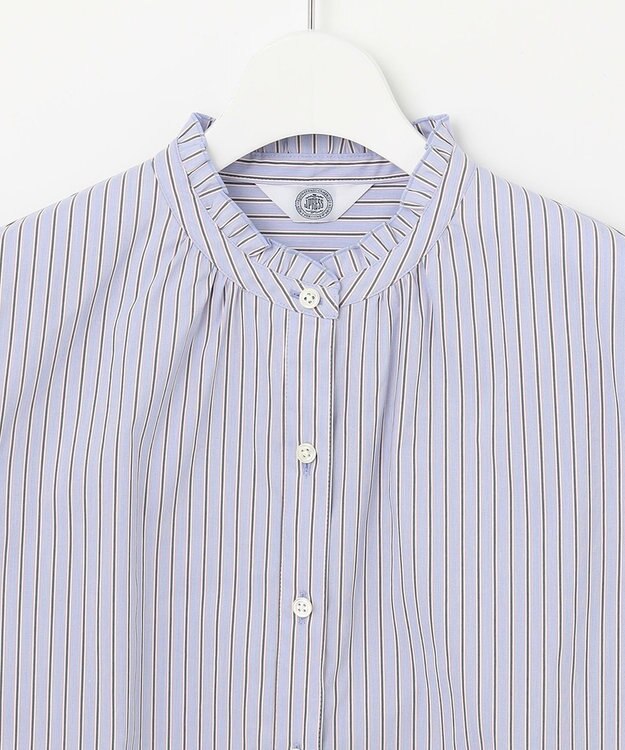 J.PRESS LADIES L 【洗える】BEZ ストライプ フリルネック ブラウス サックスブルー系1