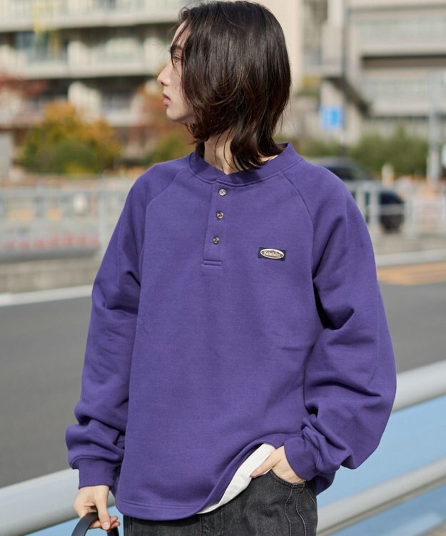 WEGO 【ユニセックス着用ITEM/MLサイズ展開/裏起毛】ショートドロストヘンリーネックプルオーバー パープル