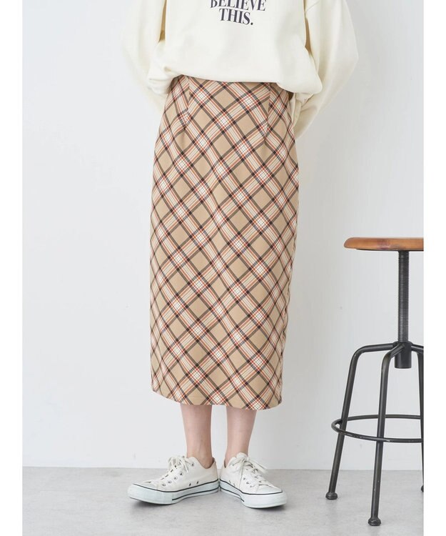 earth music&ecology チェック柄ナロースカート Beige