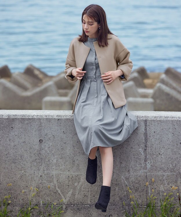 Tiaclasse 【新色追加・洗える】ピーチスキンバンドカラーワンピース サックス