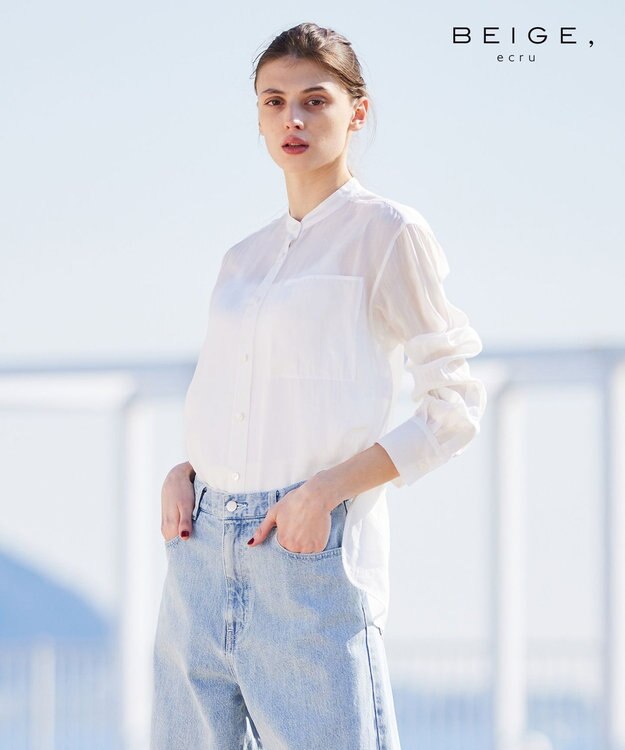 BEIGE， GENTIAN / スタンドカラーシャツ White