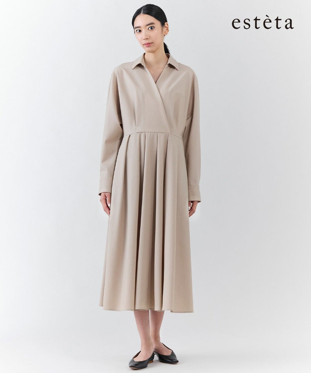 23区 L 【エステータ】ウールトロドライストレッチ カシュクールシャツ ワンピース ベージュ系