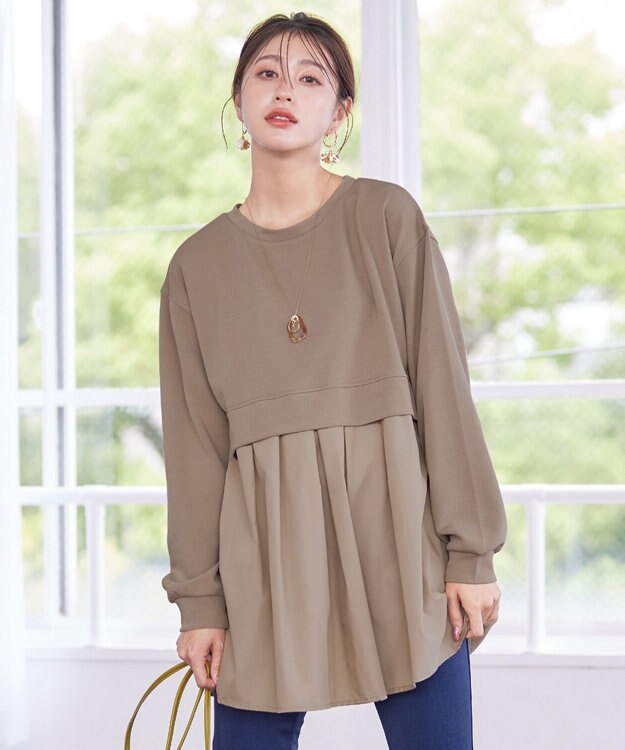 Tiaclasse 【洗える】重ね着風チュニックプルオーバー モカ