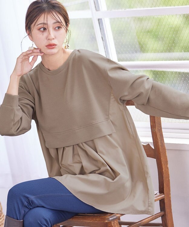 Tiaclasse 【洗える】重ね着風チュニックプルオーバー モカ