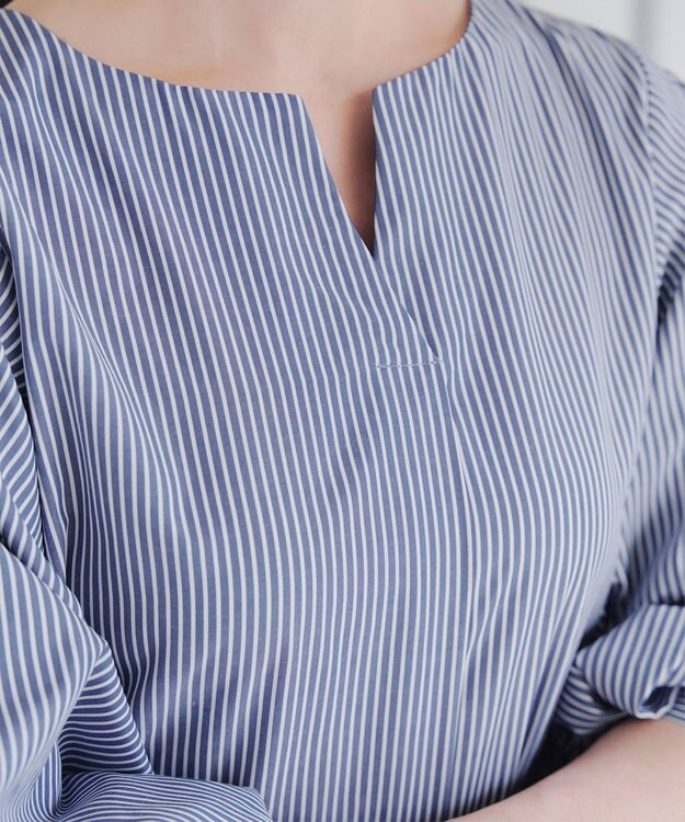 Tiaclasse 【洗える】パフスリーブチュニックブラウス ネイビーストライプ