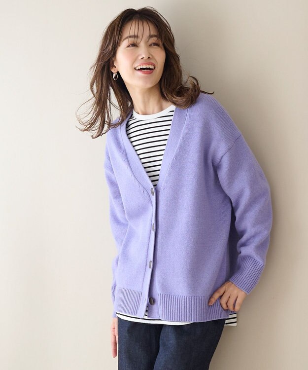 ANY 【洗濯機可】ラムウールVネック カーディガン ラベンダー