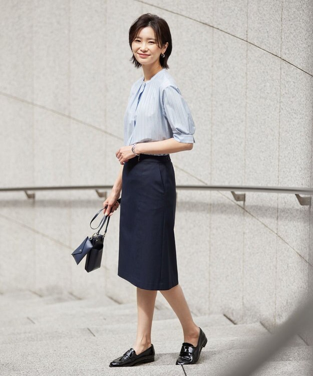 J.PRESS LADIES 【セットアップ対応・洗える・撥水・防汚】コットンFITTYシャーク スカート ネイビー系
