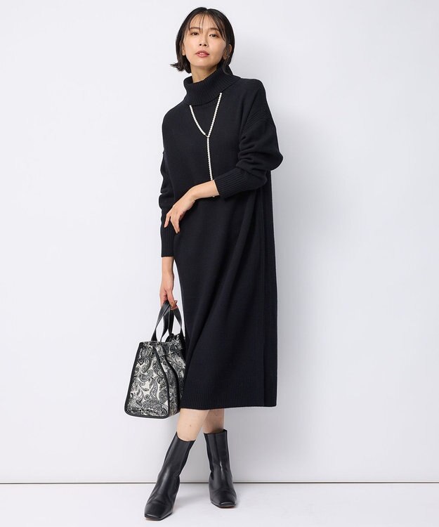 23区 【洗える】ウールカシミヤ タートルネック ニットワンピース ブラック系