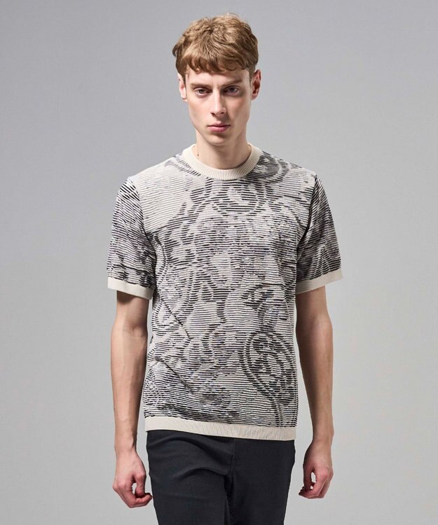 JOSEPH HOMME オリエンタルブラインドジャガード　クルーネック半袖ニットTEE アイボリー系