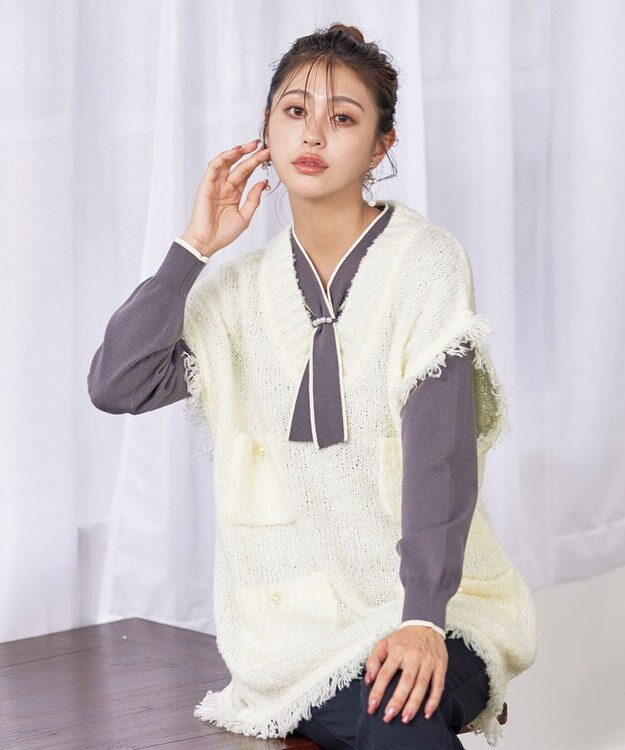 Tiaclasse 【洗える】ツイード見えフリンジニットベスト オフホワイト