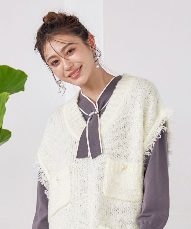 Tiaclasse 【洗える】ツイード見えフリンジニットベスト オフホワイト