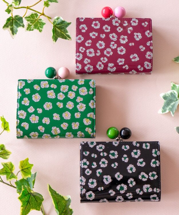 tsumori chisato CARRY グリッターフラワー がま口 2つ折り財布 ボルドー