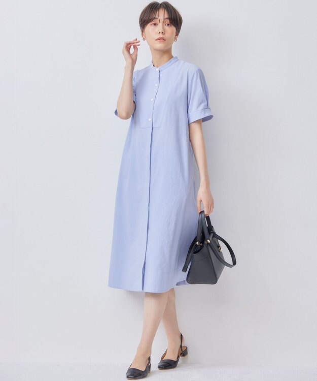 組曲 【WEB限定】サッカーストレッチ バンドカラーワンピース サックスブルー系