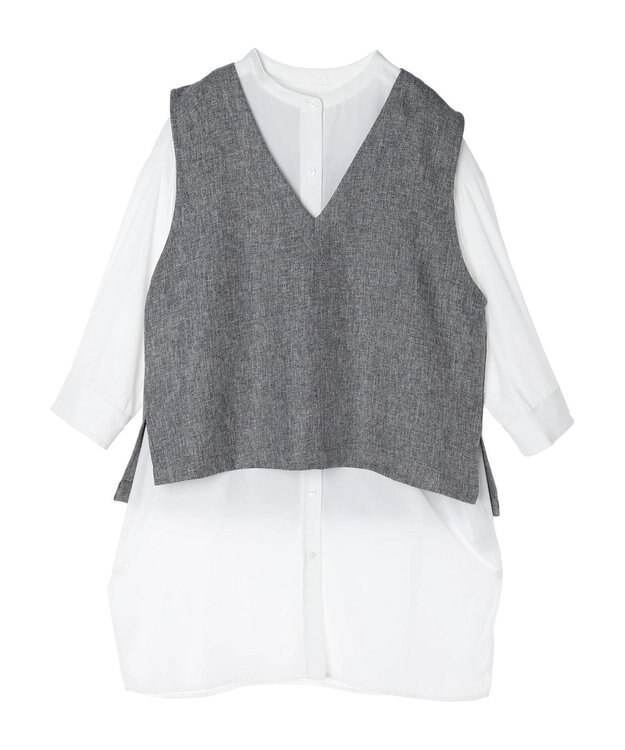 Green Parks ＳＥＴ２点Ｖネックベスト＋７分袖ミディシャツワンピース Gray Mixture