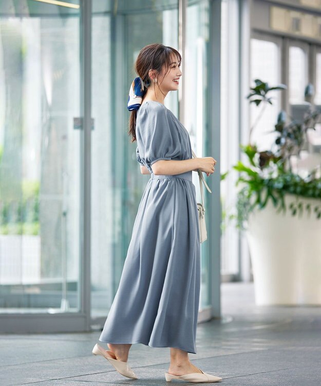 Tiaclasse 【洗える】麻調ギャザーワンピース ブルー
