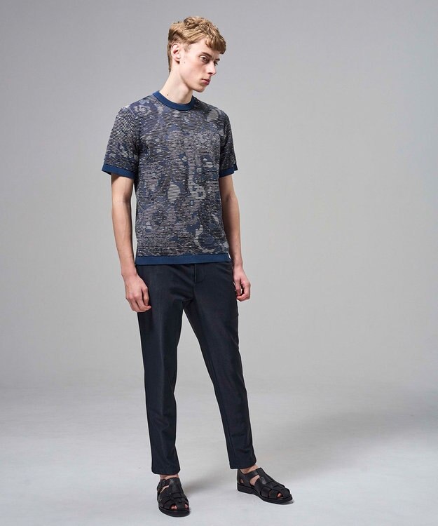 JOSEPH HOMME オリエンタルブラインドジャガード　クルーネック半袖ニットTEE ネイビー系