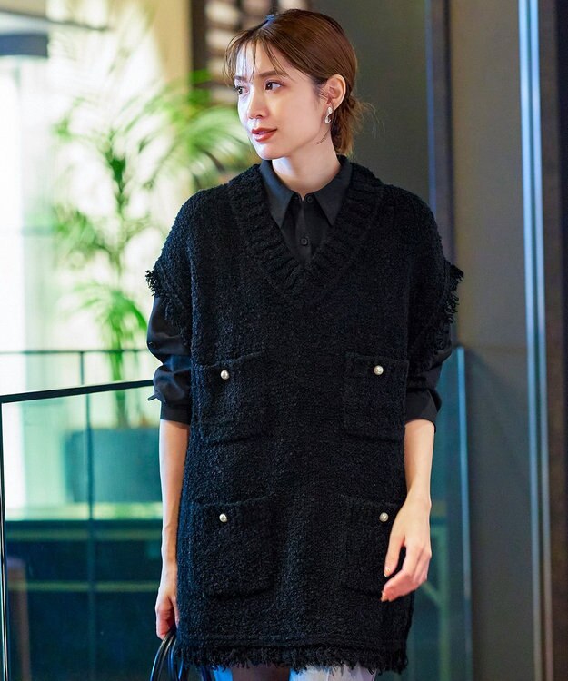 Tiaclasse 【洗える】ツイード見えフリンジニットベスト ブラック