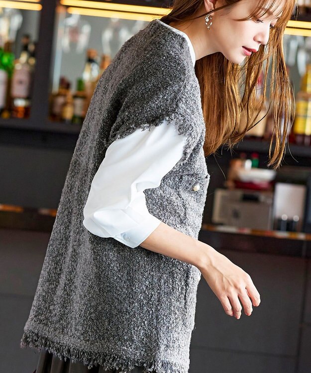 Tiaclasse 【洗える】ツイード見えフリンジニットベスト チャコールグレー