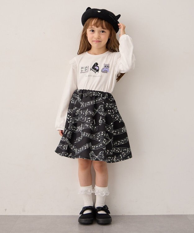 ANY KIDS おけいこモチーフ刺繍入り 長袖Tシャツ オフホワイト（ねこ×ピアノ）