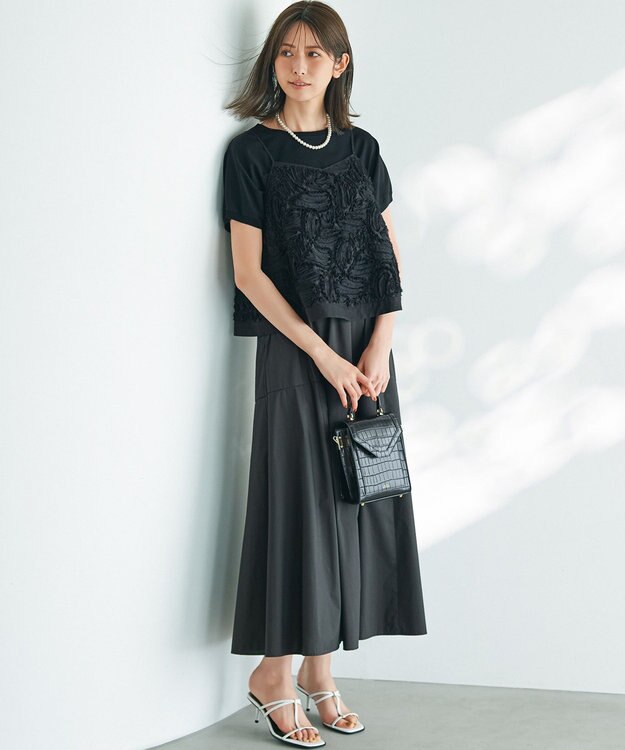 23区 【接触冷感/撥水加工】ストレッチブロード ギャザースカート ブラック系