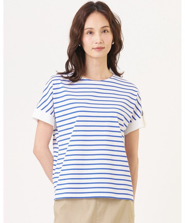 J.PRESS LADIES S 【一枚で着映え】バイカラーボーダー クルーネック カットソー ブルー系