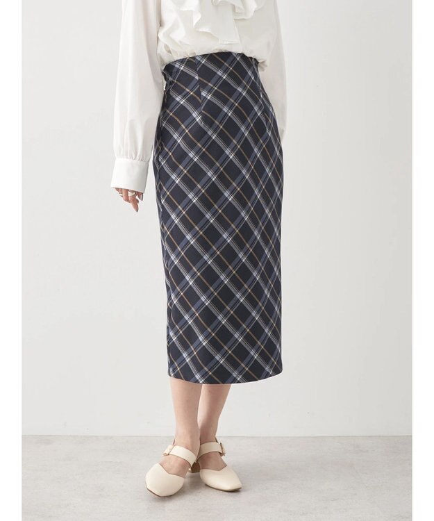earth music&ecology チェック柄ナロースカート Navy