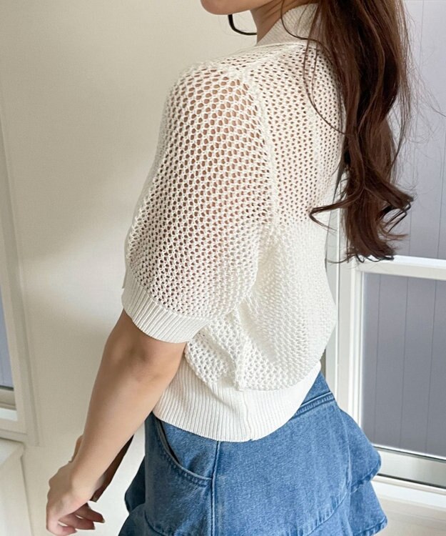 WEGO 襟付きリボンメッシュショートカーデ ホワイト