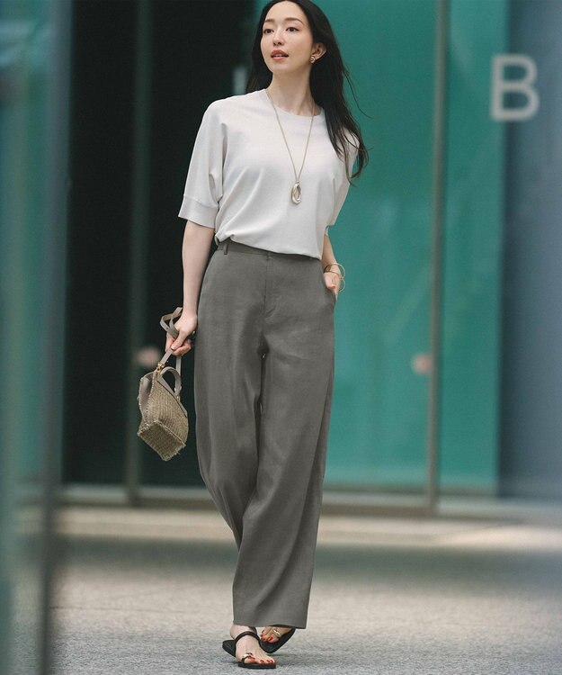 23区 L 【CLASSY.6月号掲載/洗える】リネンレーヨンストレッチ ワイドパンツ カーキ系