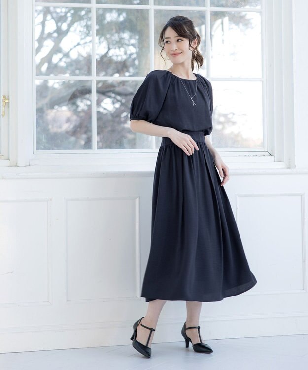 Tiaclasse 【洗える】麻調ギャザーワンピース ネイビー